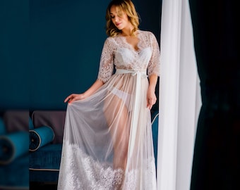 French Lace Bridal Robe, Sheer Tulle Wedding Lingerie
