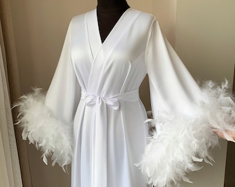 Feather robe long, white boudoir robe, kimono bridal robe, floor length robe, wedding dressing gown, bridal lingerie