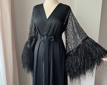 Luxury black feather robe, Burlesque robe, Bridal dressing gown