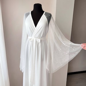 Pearl bridal robe, robe with wide pearl sleeves, long bridal robe, boudoir robe, sheer robe, pearl tulle sleeves, bridesmaid gift