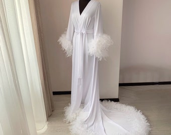 Feather robe long, robe with feathers, bridal robe with train, feather bottom robe, white feather robe, boudoir robe