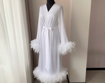 Long bridal robe with feathers, Boudoir robe long, Feather robe long, White bridal robe, Dressing gown