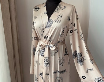 Floor length silk robe: Long silk satin dressing gown