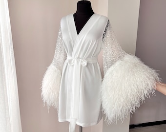 Luxury bridal robe, feather robe, bride robe silk, wedding day, boudoir robe, bridal robe with feathers, bridal lingerie