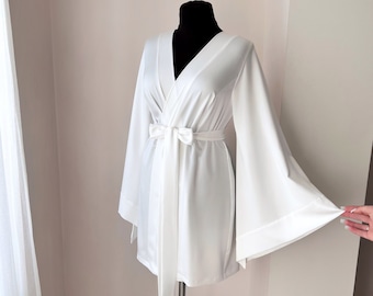 Bridal robe, Kimono robe for bride, Short satin silk robe, Boudoir robe, Wedding kimono, Ivory satin robe, Bridal lingerie