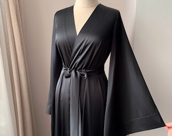 Черный свадебный халат, длинный халат-кимоно, халат в пол, свадебный халат макси, свадебный халат, будуарное белье
