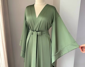 Olive green kimono robe, Long dressing gown for wedding morning, Bridesmaid gift