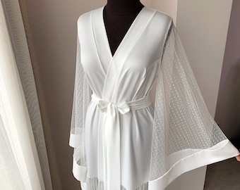 Robe de mariée longue, longue robe de mariée kimono, robe de chambre boudoir blanche, jour du mariage