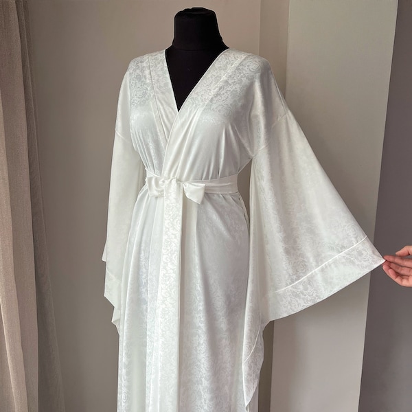 Bridal robe for bride, Luxury bridal robe, Wedding robe with jacquard, Long satin robe, Kimono wide sleeve, Floor length robe