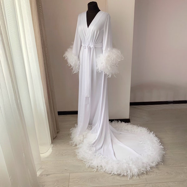 Feather robe long, robe with feathers, bridal robe with train, feather bottom robe, white feather robe, boudoir robe