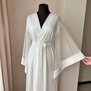 Maxi bridal robe with pearl sleeves, Long bridal robe, Boudoir robe, White sheer robe, Wedding day, Kimono robe silk, Bridal lingerie image 1
