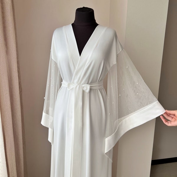 Maxi bridal robe with pearl sleeves, Long bridal robe, Boudoir robe, White sheer robe, Wedding day, Kimono robe silk, Bridal lingerie