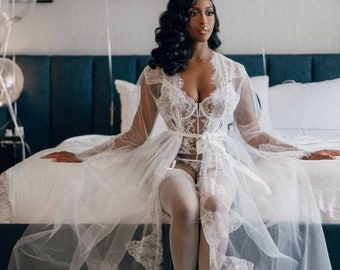 Sheer tulle wedding robe with train, Lace boudoir bride robe