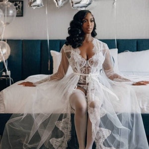 Sheer robe, wedding robe, boudoir robe lace, long robe with train, see through robe, tulle lace robe bridesmaid gift