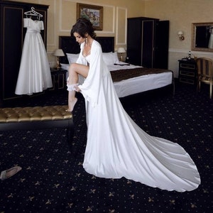 Long Bridal Robe, Long Wedding Robe With Train, White Silk Satin