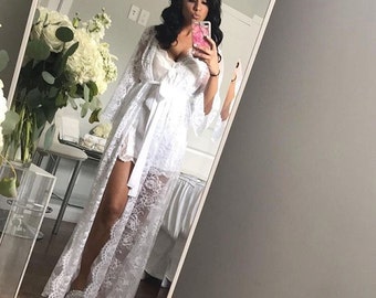 Long ivory lace robe, Chantilly bridal dressing gown, Wedding day robe, Bridesmaid gift
