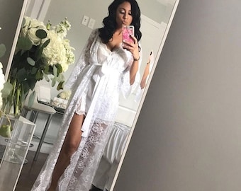 Long lace bridal robe, Sheer robe, White lace robe, Long bridal robe, Bridesmaid robes, Bridal party robes, Dressing gown, Wedding lingerie