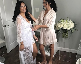 Long lace bridal robe, wedding day robe, white lace robe, bridal lingerie, bridal robe, bridesmaid robes, bridal dressing gown, wedding gift