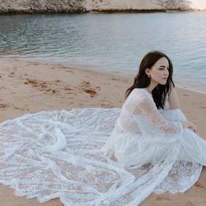 Bridal robe with train, Lace robe long, Wedding robe train, Lace  bridal robe, Boudoir robe, Sheer bridal robe, Wedding lingerie