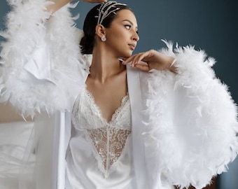 Feather bridal robe, Luxury bridal robe, White robe for bride, Long bridal robe, Wedding day, Boudoir lingerie