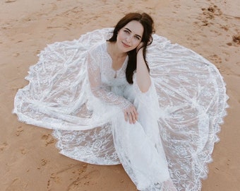 Lace robe with train: Sheer long bride robe, Bridal party robes