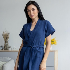 Blue organic robe, Women&#39;s muslin robe, Cotton bathrobe, Summer kimono, Bridesmaid robes, Spa gift for her