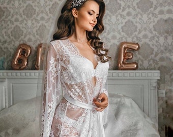 Lace bridal robe, sheer robe, long lace robe, floor length robe, wedding lingerie, bridal lingerie