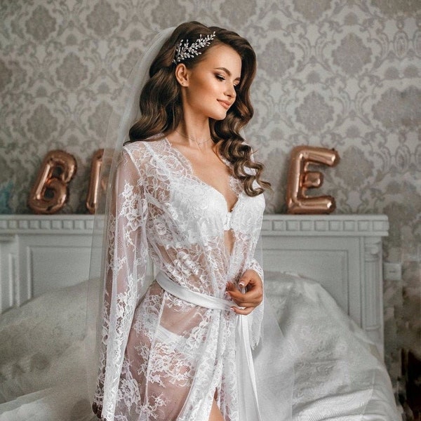 Lace bridal robe, sheer robe, long lace robe, floor length robe, wedding lingerie, bridal lingerie