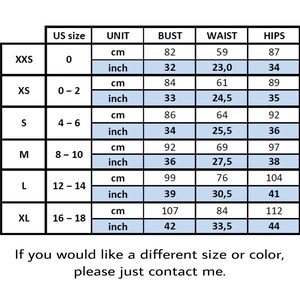 Detailed size chart for bridal robes, showing bust, waist, and hip measurements in both centimeters and inches for US sizes XXS to XL.