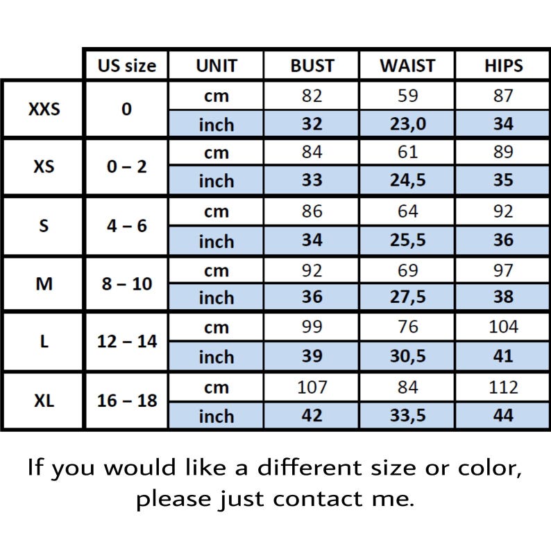 Detailed size chart for bridal robes, showing bust, waist, and hip measurements in both centimeters and inches for US sizes XXS to XL.