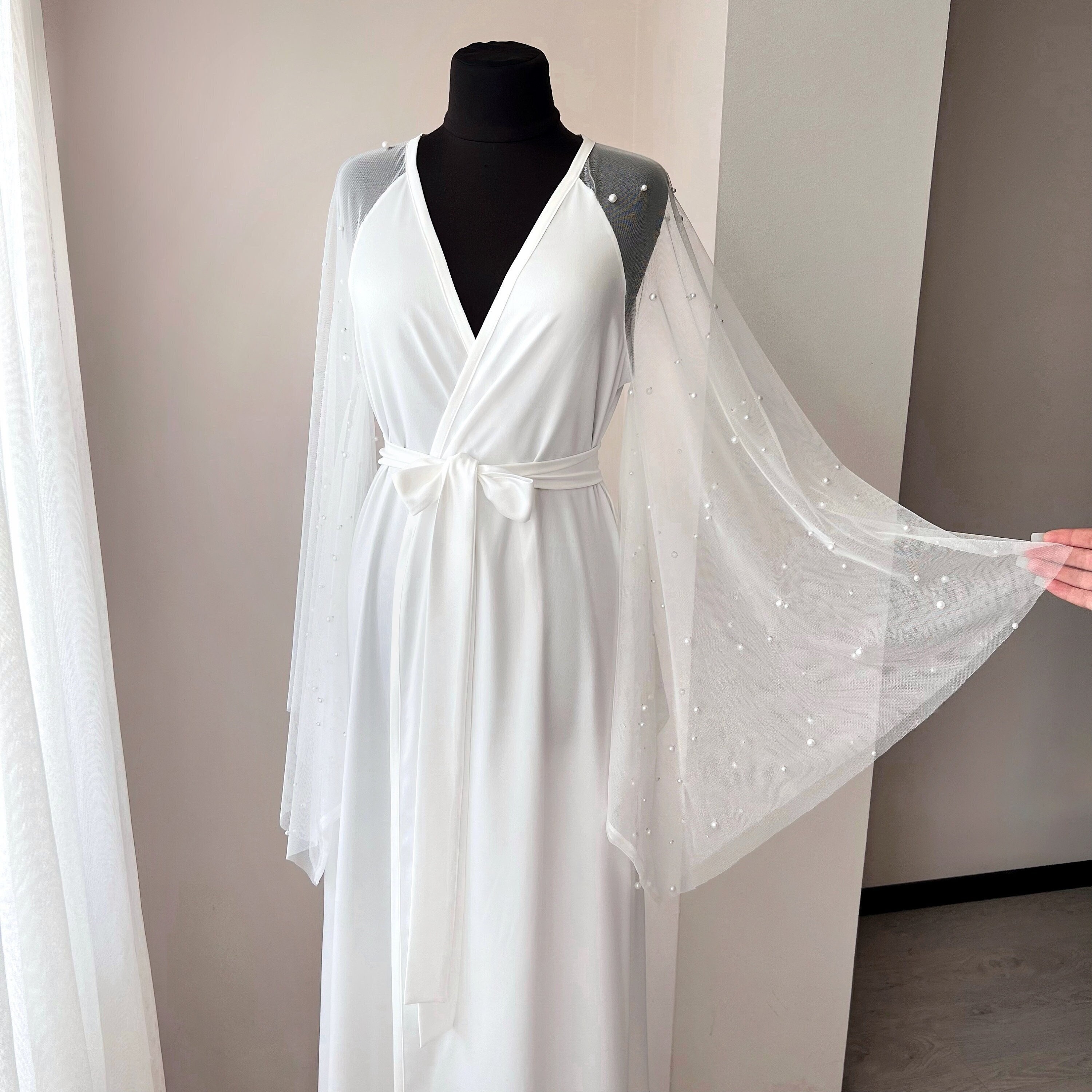 Pearl bridal robe, Long bridal robe, Sheer robe, Ivory dressing gown, Pearl tulle sleeves, Bridesmaid gift, Bridal kimono, Bridal lingerie
