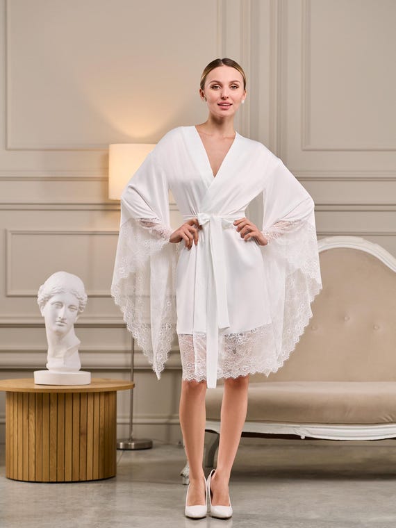 Bridal Robe for Bride, Wedding Robe Lace, Bride Kimono Robe, Lace