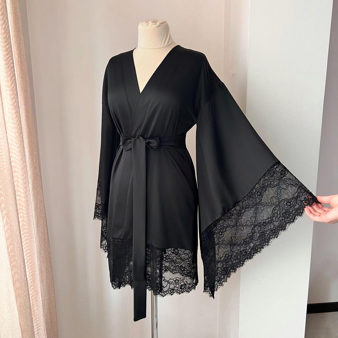 Black Styled Robe Black Kimono Robe Lace, Black Lace Dressing Gown, Goth Wedding Robe ...