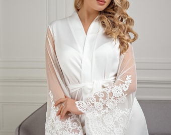 Long wedding robe, Sheer robe, Embroidered sleeves, Bridal dressing gown