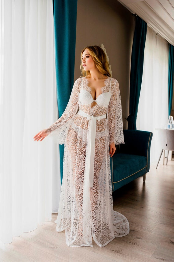 Lace Robe With Train, Long Lace Robe, Maxi Bridal Robe, Sheer Robe,  Chantilly Lace, Boudoir Robe, Wedding Day 