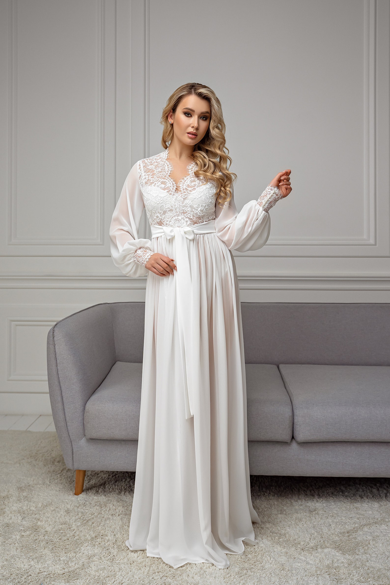 Long Lace Bridal Robe Boudoir Robe Sheer Bridal Robe Maxi Etsy