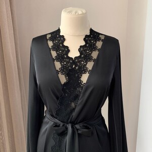 Wedding robe, Black lace robe, Satin dressing gown, Black bridal robe, Kimono robe, Wedding Lingerie image 5