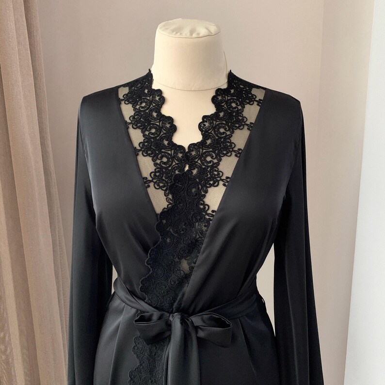 Wedding robe, Black lace robe, Satin dressing gown, Black bridal robe, Kimono robe, Wedding Lingerie image 5