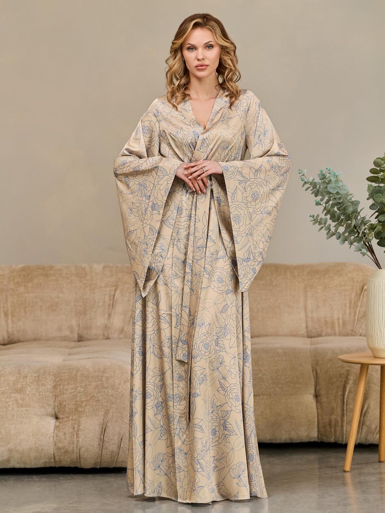 Full Robe Kimono Robe, Floor Length Robe, Silk Dressing Gown, Full Length Robe ...