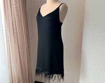 Black nightgown with feathers, Ostrich feather nightgown, Black nightie, Feather slip, Silk satin nightgown, Chemise Nightdress