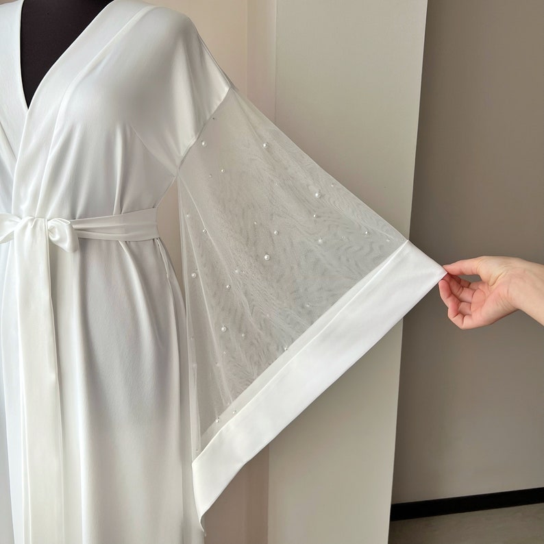 Maxi bridal robe with pearl sleeves, Long bridal robe, Boudoir robe, White sheer robe, Wedding day, Kimono robe silk, Bridal lingerie image 7