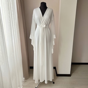 Maxi bridal robe with pearl sleeves, Long bridal robe, Boudoir robe, White sheer robe, Wedding day, Kimono robe silk, Bridal lingerie image 2