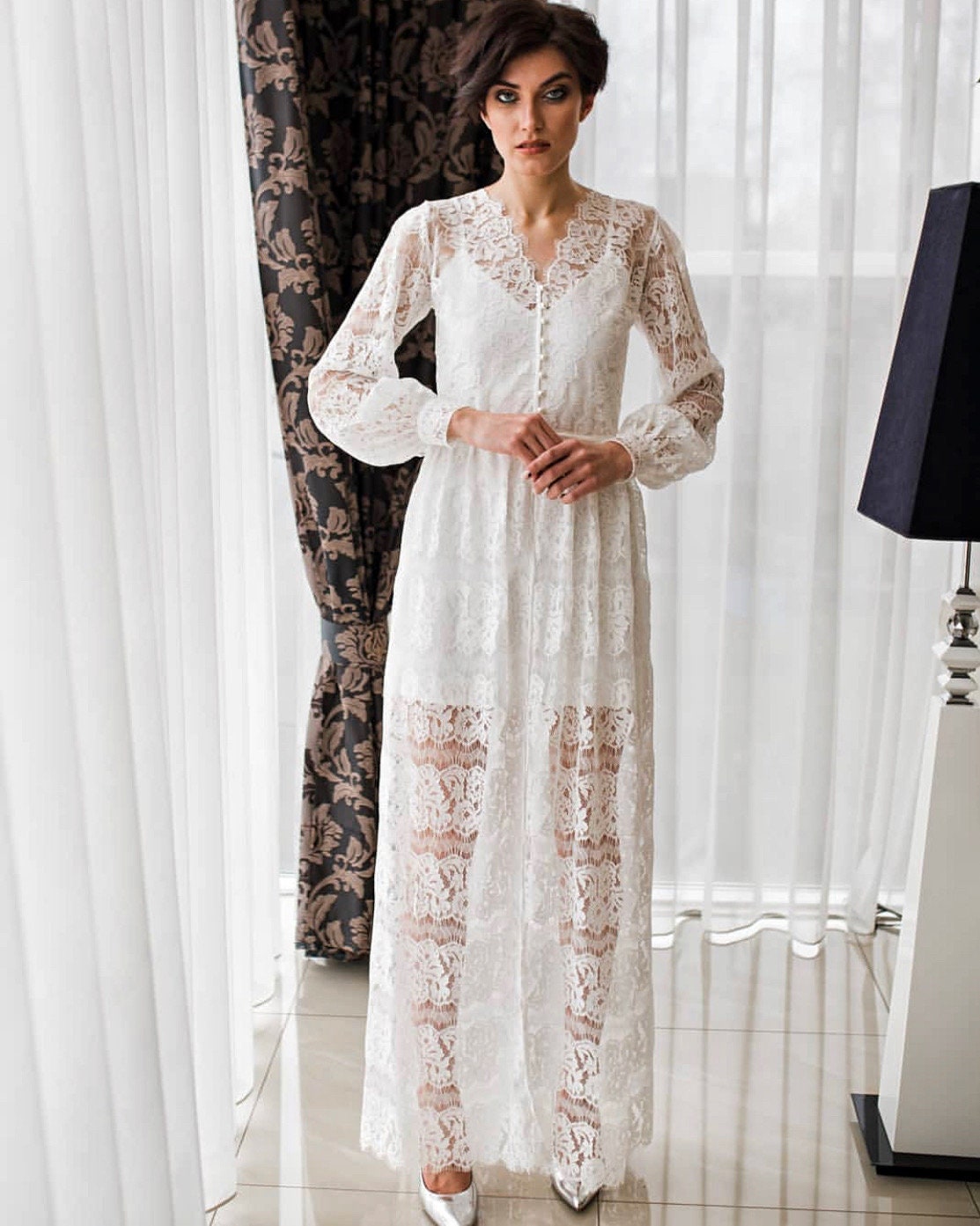 Long Lace Robe Bridal Robe With Nightgown Sheer Robe White Etsy