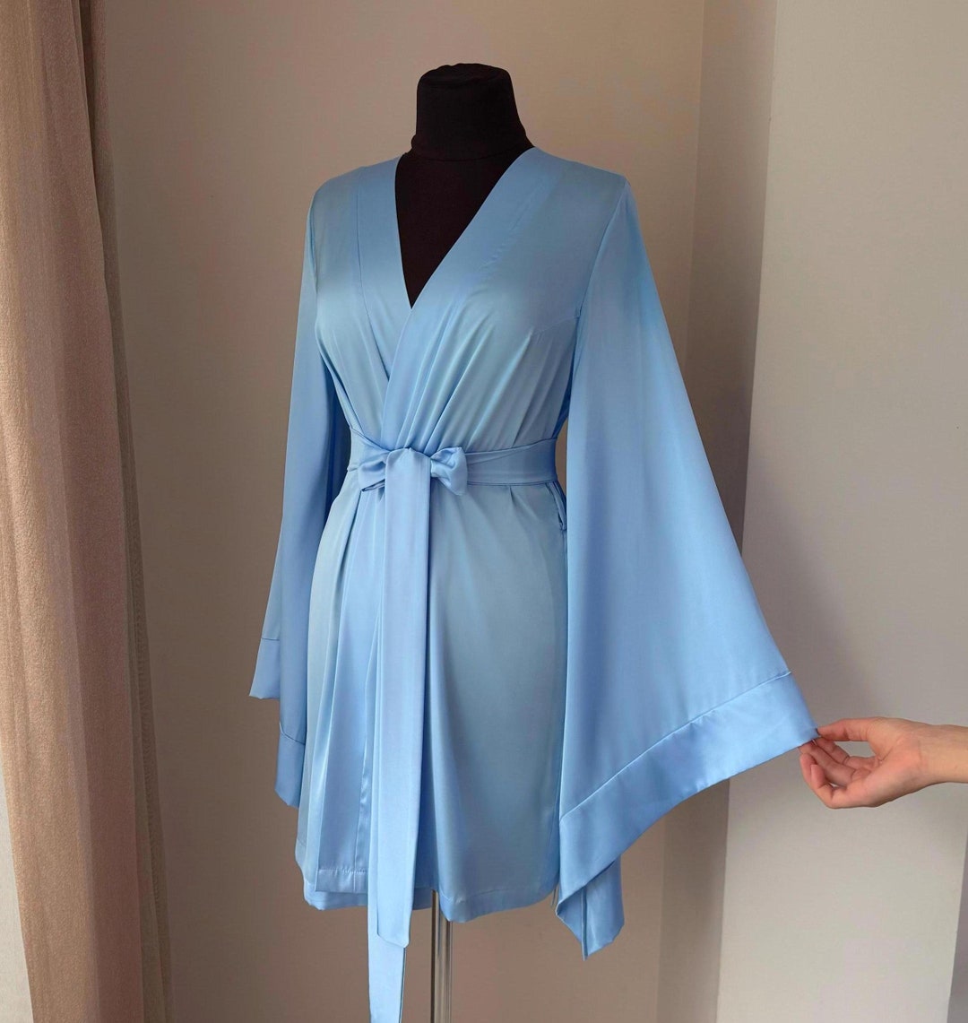 Short Blue Robe Short Blue Bridesmaid Kimono Robe, Satin Bridal Party Robes, Wedding ...