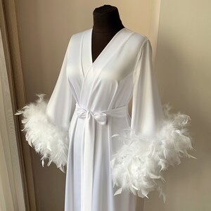 White feather robe, Bridal dressing gown, Long wedding robe for bride image 6