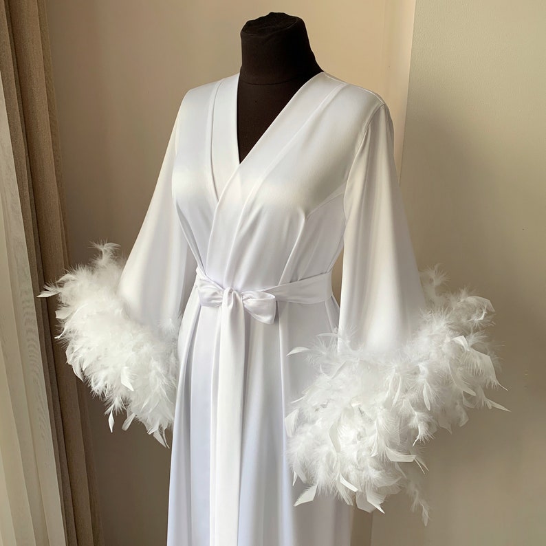 White feather robe, Bridal dressing gown, Long wedding robe for bride image 6