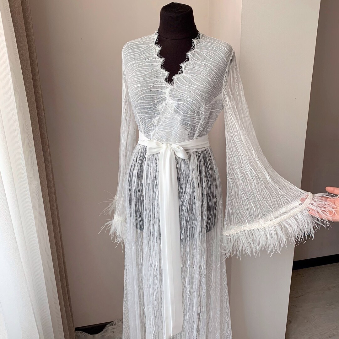Lace Robe With Train, Bridal Robe Lace, Feather Lace Robe, Sheer Robe ...