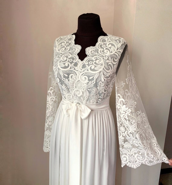 Sheer lace robe for bride, Long bridal dressing gown, Elegant wedding morning gown