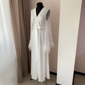 Luxury bridal robe with lace sleeves, Wedding ostrich feather robe, Silk dressing gown image 3
