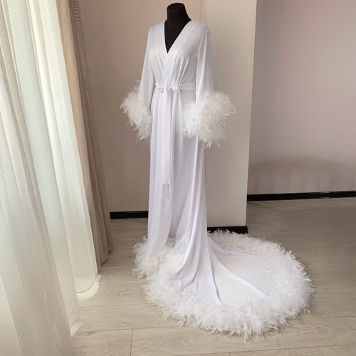 feather robe long, robe with feathers, bridal robe with train, feather bottom robe, White feather robe, boudoir robe
